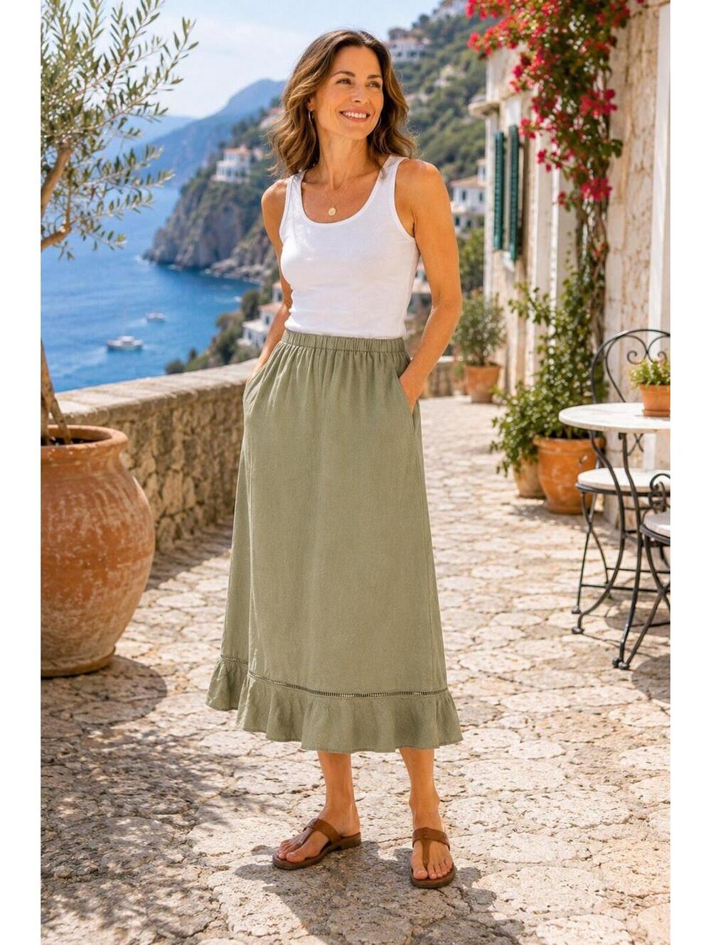 ORVIS 100% Linen Skirt Size 10 Sage Green Midi Elastic Waist Ruffle Hem